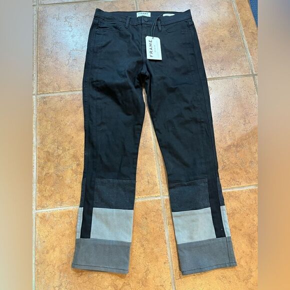 NWT FRAME High Rise Straight Ankle Colorblock Contrast Hem in Washed Black S 30 - Picture 1 of 8